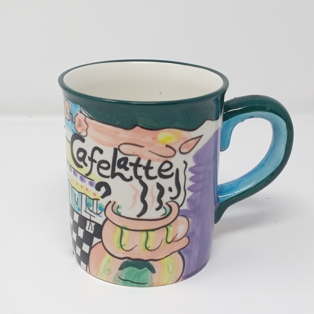 Cardinal Inc Handpainted Cafelatte Coffee Mug Whimsical Cafe Scene Teal Ceramic